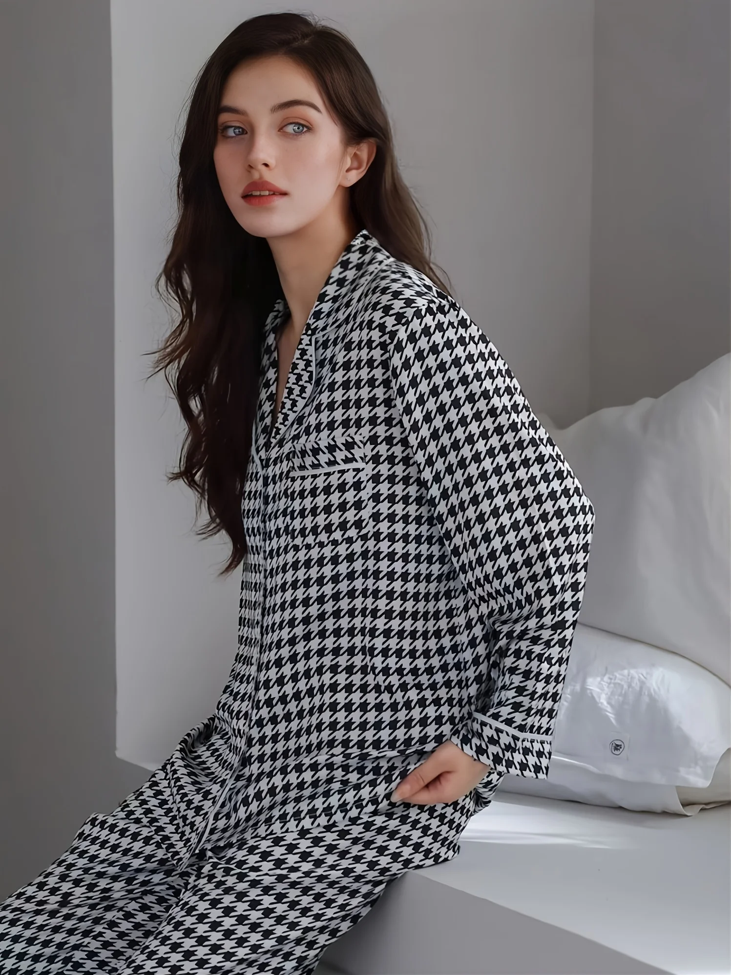 Elegant Classic Houndstooth Print Pajama Set Pocket Button Casual Long Sleeve Shirt Top Pajamas & Trousers Women\'s Loungewear &