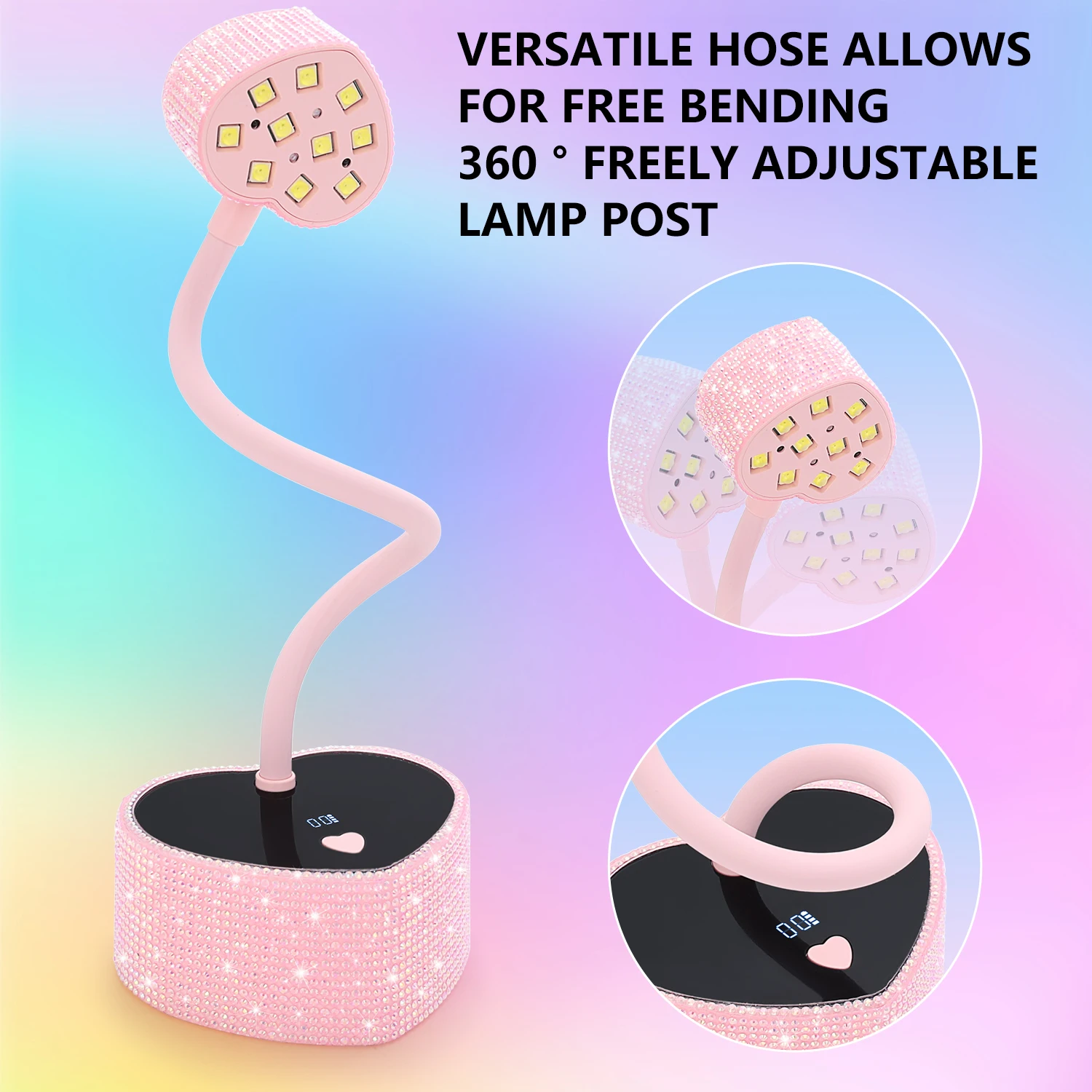 مصباح أظافر احترافي LED ذو 3 أوضاع لديه تحريض خاص به، وهو يمكن توسيعه بزاوية 360 درجة مع مثقاب لتجفيف أظافر بوليس بسرعة