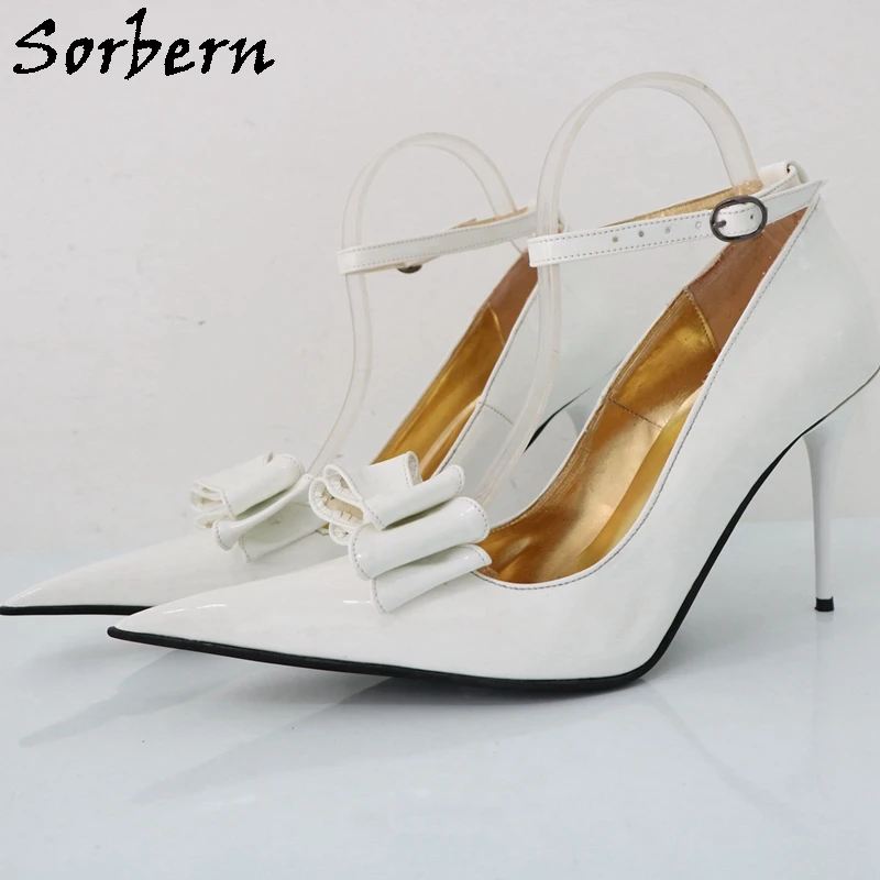 Sorbern sexy weiße Frauen Pump Schuhe Bowknot Knöchel riemen spitzen Zehen Metall Zigarette Ferse Pumps Sissy Boy Schuhe maßge schneiderte Farbe