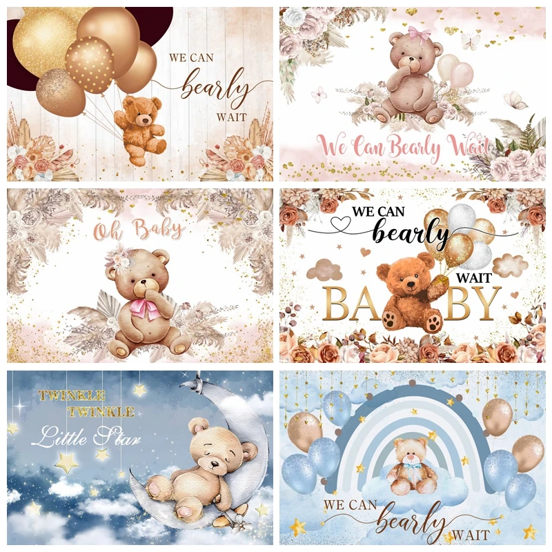 Toile de fond de fête de bébé ours mignon, fond photographique, accessoires de prise de vue en studio, baby shower, fleurs en peluche, 1er anniversaire, photographie