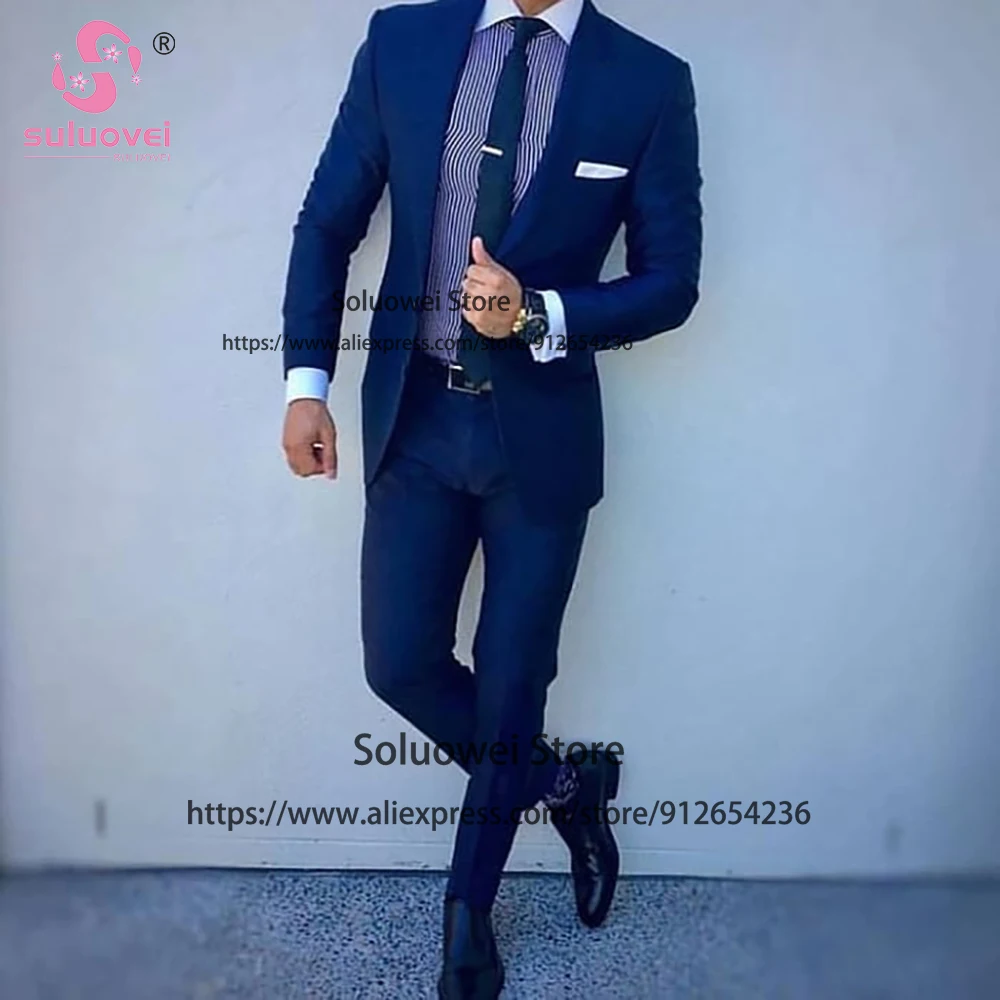 Fashion Navy Blue Slim Fit Suits For Men Formal Groom Wedding Notch Lapel Tuxedo 2 Piece Jacket Pants Set Office Business Blazer