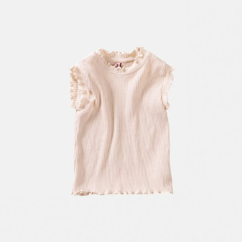 2025 New Arrival Trendy Girls Korean Style Summer T-Shirt with Ruffle Edge Raglan Sleeve Vest Top for Children