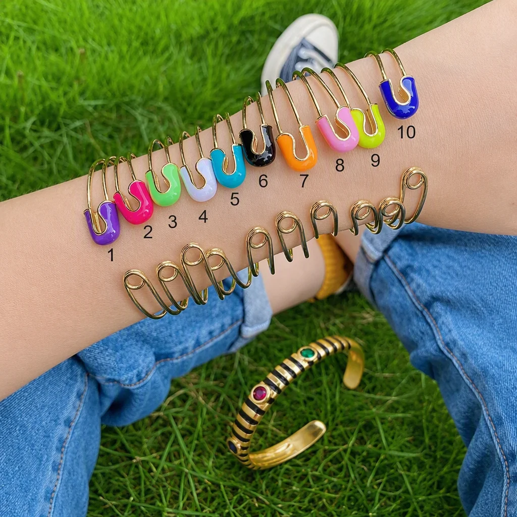 Safety Pin Style Bangle Enameled Unisex Designer Bracelet,Brass Based,Red Rose Pink Blue White Orange Turquoise Yellow P24