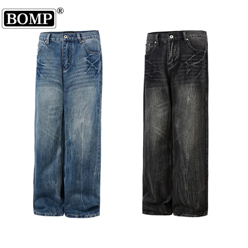 [BOMP] Autumn Cat Beard Washed Old Dad Wide Leg Trumpet Jeans Men