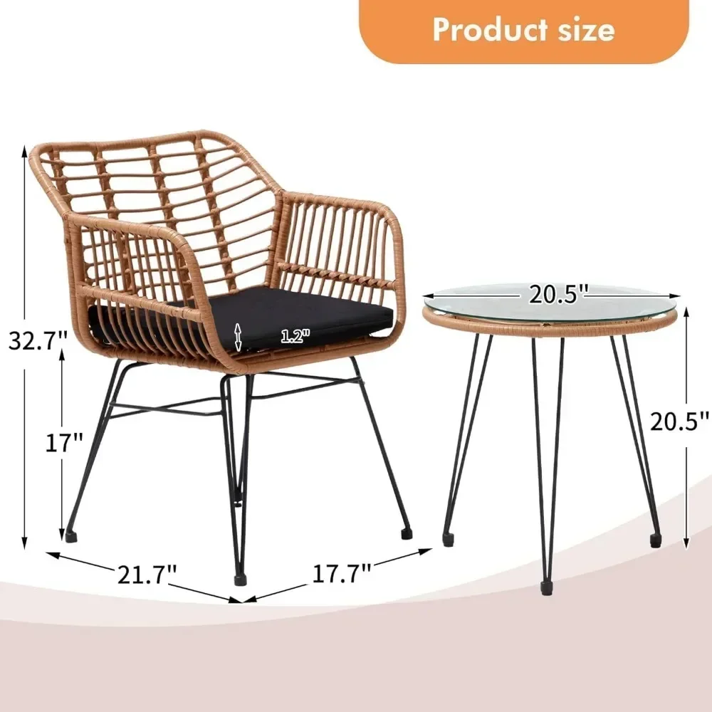 Juego de muebles Bistro de mimbre para Patio, incluye 2 sillas y mesa superior de cristal, Ideal para porche, exterior, Patio trasero, apartamento, 3 piezas