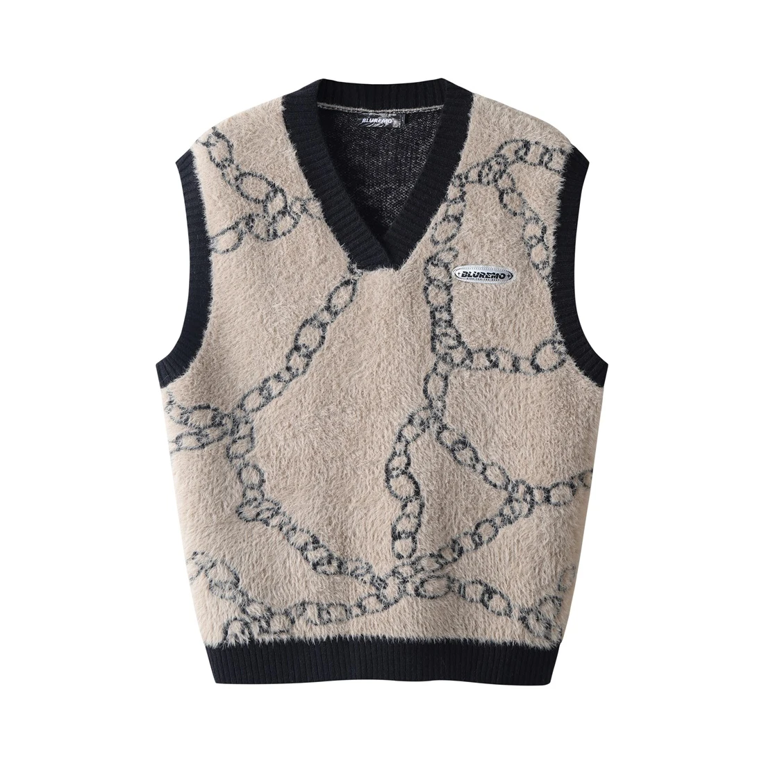 

High Street Harajuku Imitation Mink Hair Knitted Vest Chain Color Block V-neck Pullover Sweater Vest Oversized Knitwear Trendy