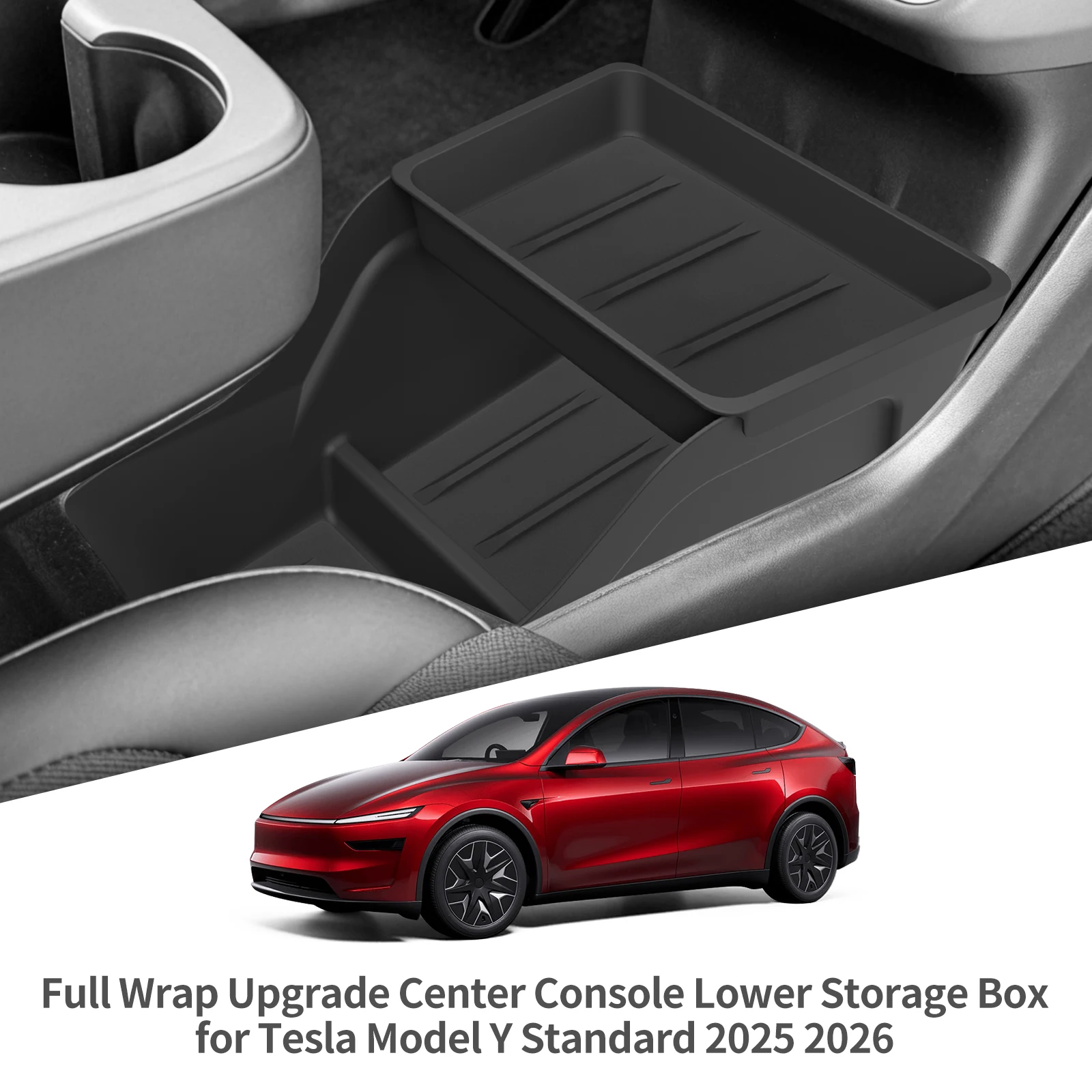 Smabee für Tesla Model Y Juniper Standard RWD 2025 2026 Vollumfassende Upgrade-Aufbewahrungsbox für die untere Mittelkonsole aus ABS in Schwarz – Detail 1