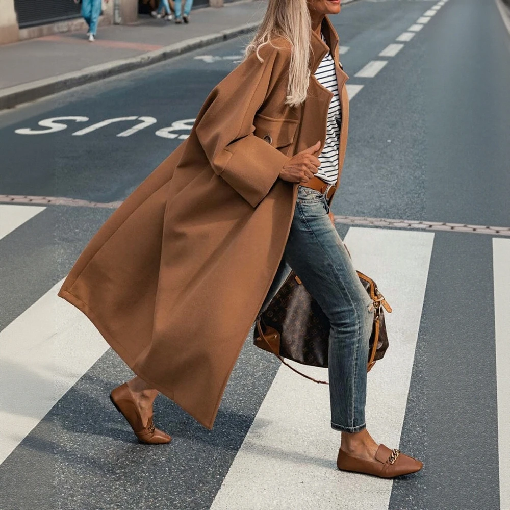 

Женское пальто в европейском и американском стиле на осень-зиму, длинное свободное простое шерстяное пальто с двойными карманами и лацканами