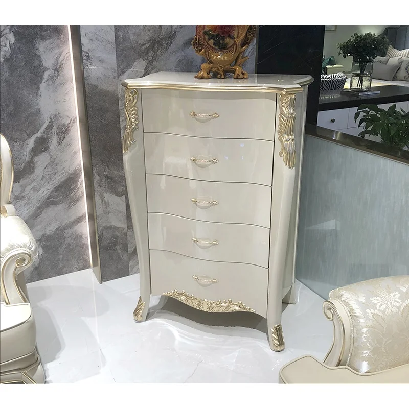

European style chest of drawers solid wood carved porch cabinet light luxury gray drawer type chest of drawers shelf