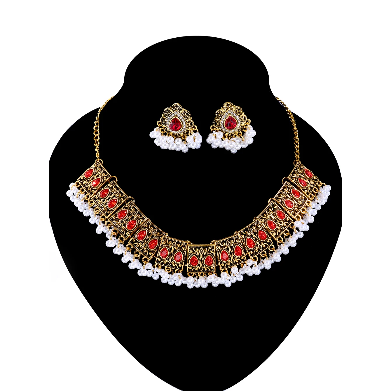 Luxury Vintage Indian Jewelry Set Antique Gold Plated Crystal Zircon Necklace Earrings Sets Ethnic Bridal Wedding Bijoux Gifts