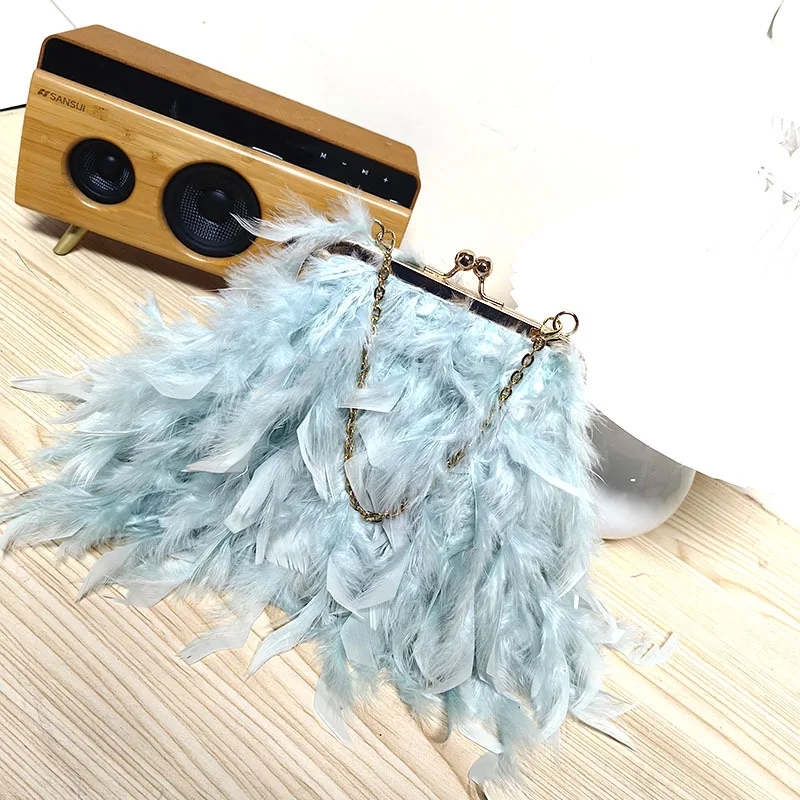 

Women New Feather Purses Handbags Party Evening Clutch Bag Shoulder Bag Pearl Chain Designer Wedding Bag