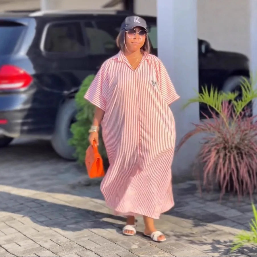 

Fashion Striped Shirt Dress 2026 Loose Lapel Neck Short Sleeve Button Long Robe Summer Lady Office Elegant Streetwear Commuting