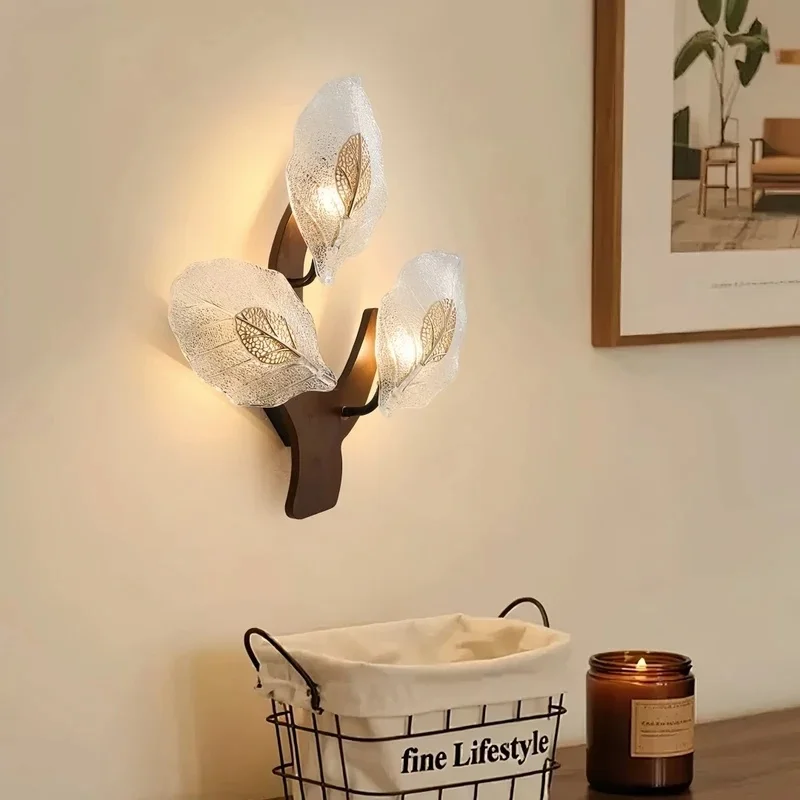 Wood Branch Wall Lamp Transparent Textured Glass Leaf Wall Sconce Warm LED Light For Bedroom Living Room Corridor Home Art Decor