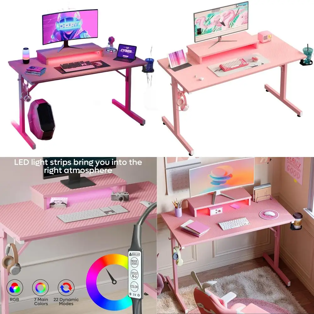 

42-дюймовый розовый игровой стол с подставкой для монитора, светодиодным компьютерным столом, рабочей станцией для геймера с подстаканником и крючками для гарнитуры, современный простой