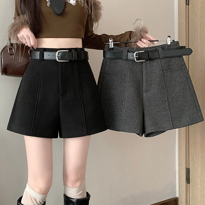 2025 الشارع الشهير الصوفية الشتاء السراويل امرأة عادية فضفاض واسعة الساق سراويل قصيرة فام مع حزام الغنيمة رمادي أسود البضائع السراويل النساء #4