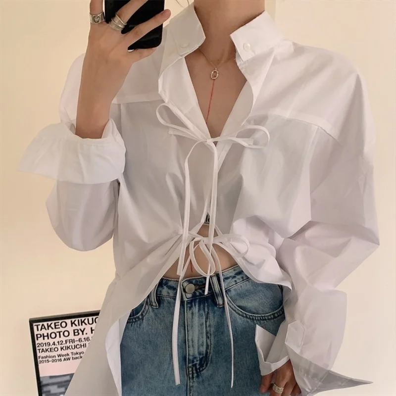 Back Lace Up White Shirts Women Camisas De Mujer Loose Lazy Two Wear Wild Blusas Moda 2024 Casual Top Simple