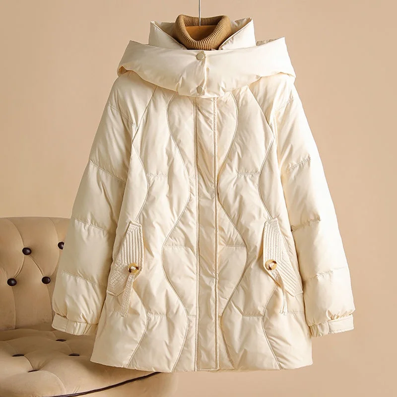 

White Du down Jaet Women's Mid-Length Hooded Coat Winter New Sle Loose plus Size High Quali Outerwear Korean Sle