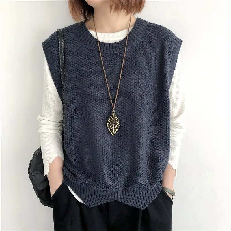 Summer Solid O-neck Asymmetrical Outerwear Single Wear Knitted Vest Women Patchwork Screw Thread Loose Versatile Sleeveless Top