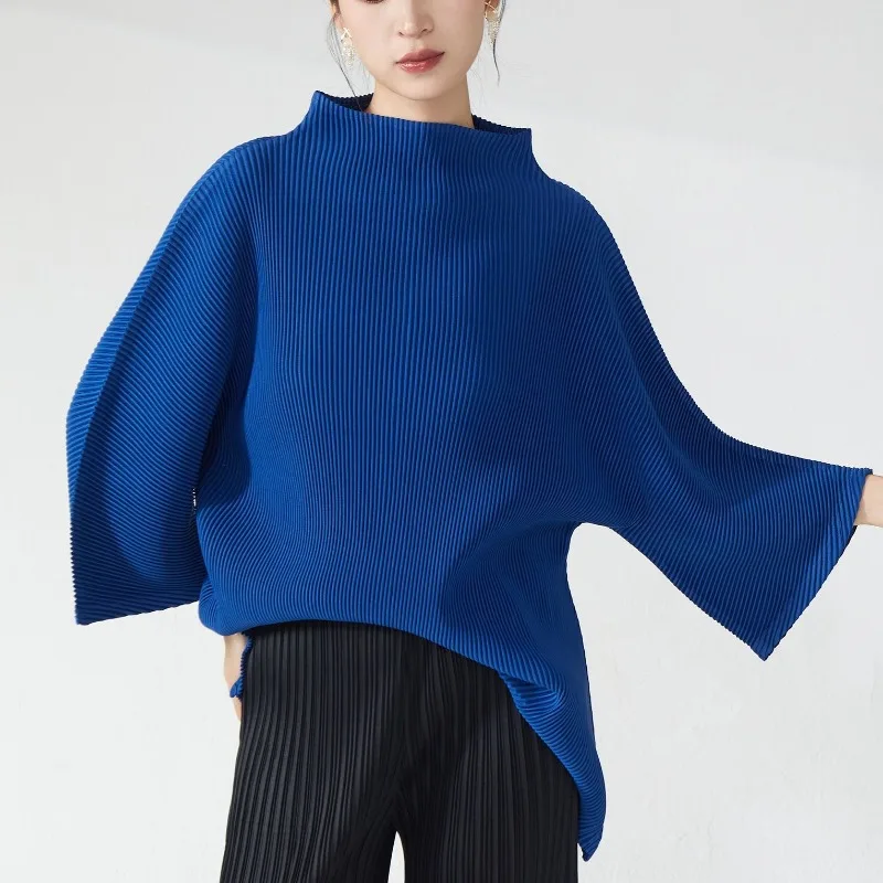 

Miyake топы с рюшами, осенние женские новые большие размеры, женская свободная тонкая футболка с полувысоким воротником, корейская одежда с 7 рукавами