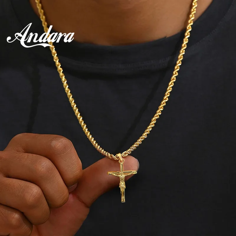 Andara 925 Sterling Silber Religiöse Kreuz-Halskette Katholizismus Jesus Anhänger Goldfarben Kette Kirchen-Gebetsschmuck – Detail 1