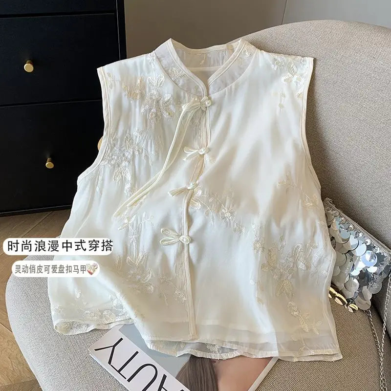Nowa letnia moda w stylu chińskim ze stójką haftowana kamizelka wszechstronna koszula bez rękawów zmniejszająca wiek dla kobiet