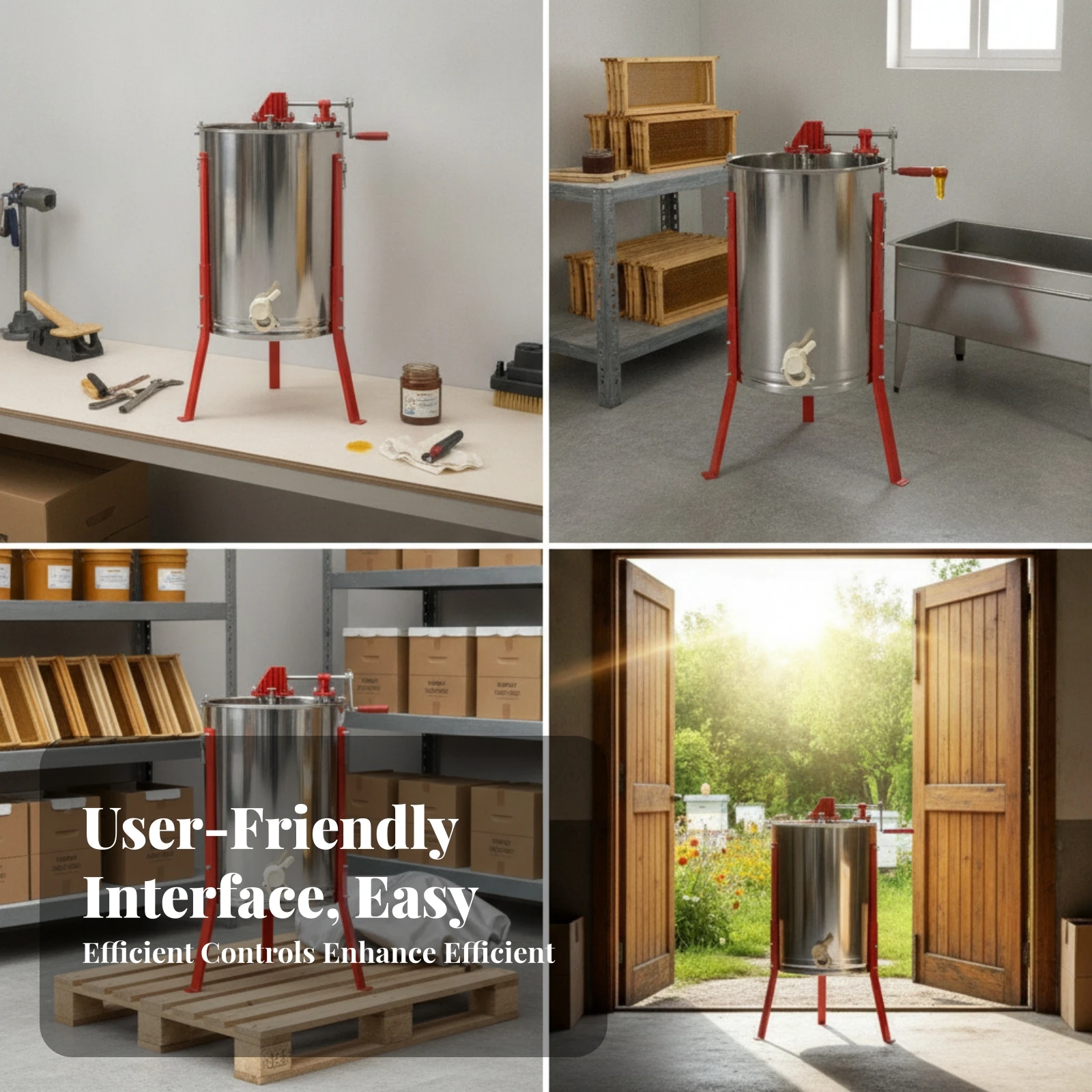 Polished Metal Beekeeping Gear Apiary Tools Rust-Resistant 4-Frame Honey Extractor Honeycomb Drum Rotator Freestanding