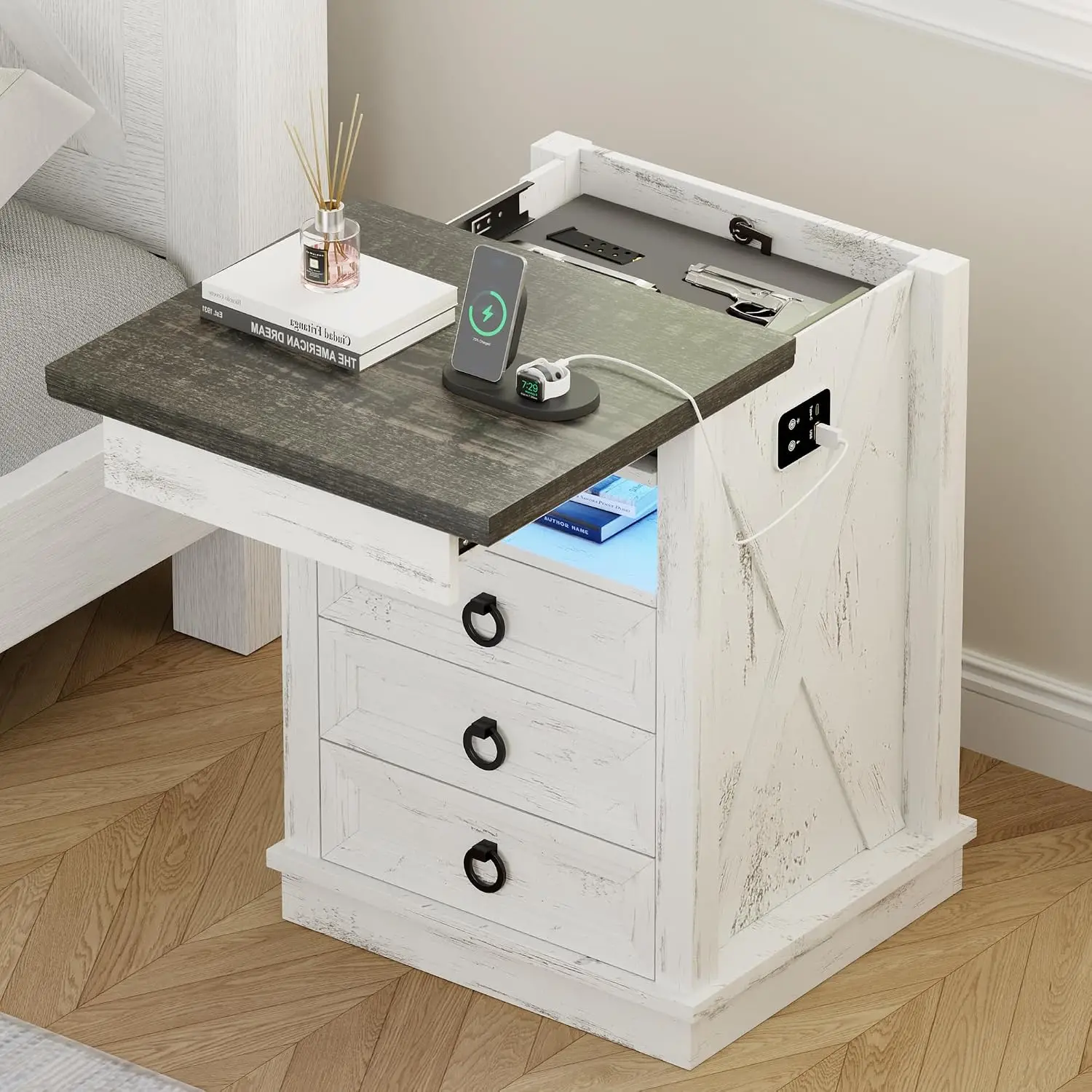 LED Nightstand with Lockable Drawer & Motion Sensor, White, Customized