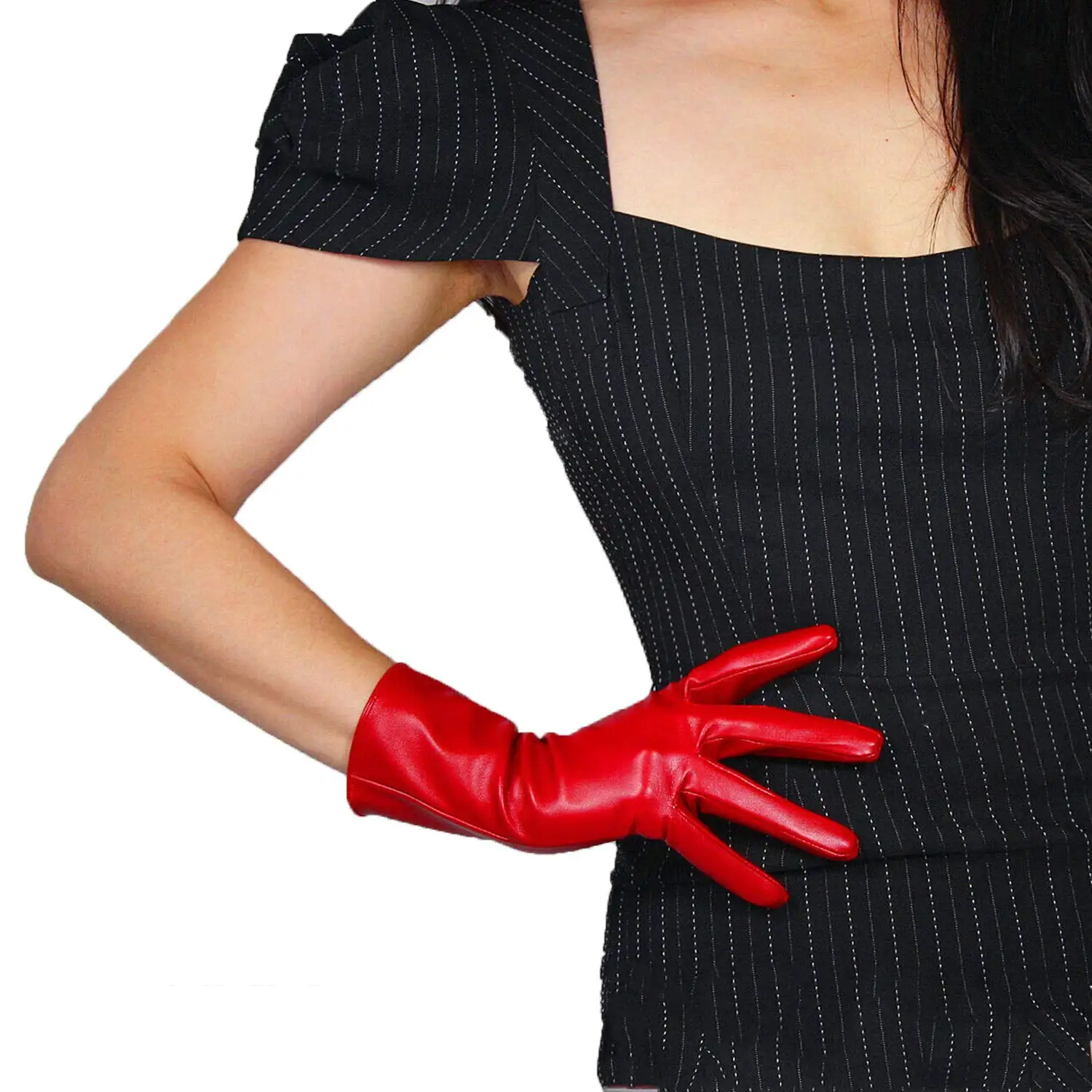 

DooWay Women's Red Short Leather Gloves Wrist Long Faux Lambskin PU Winter Fashion Runway Dressing Entertainment Party Glove