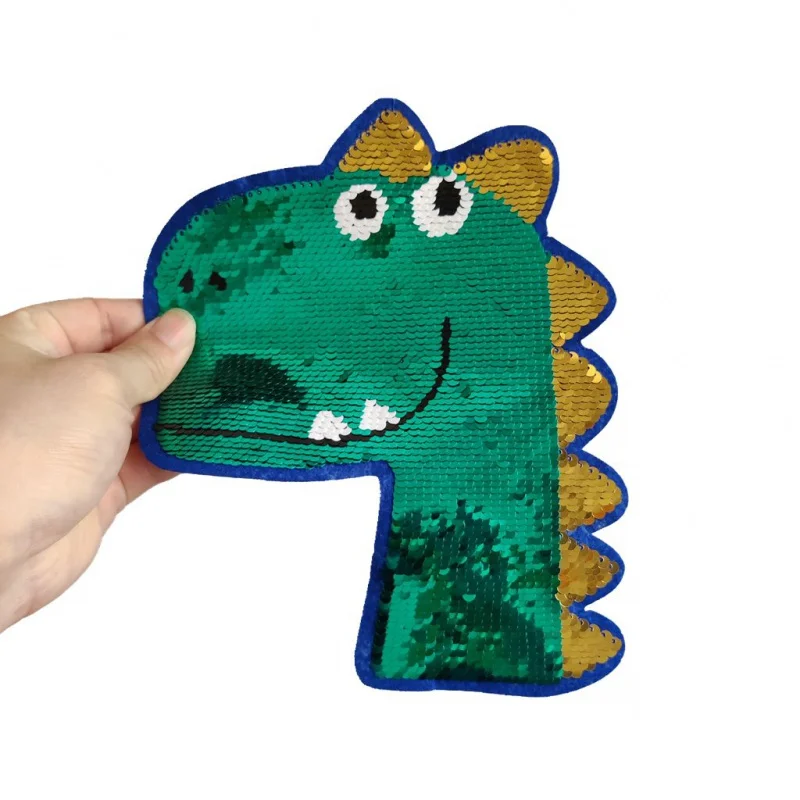 Large Green Sequin Iron On Dinosaur Patch Badge Stickers Clothing Decoration Applique Patches For Clothing Sewing Accessories