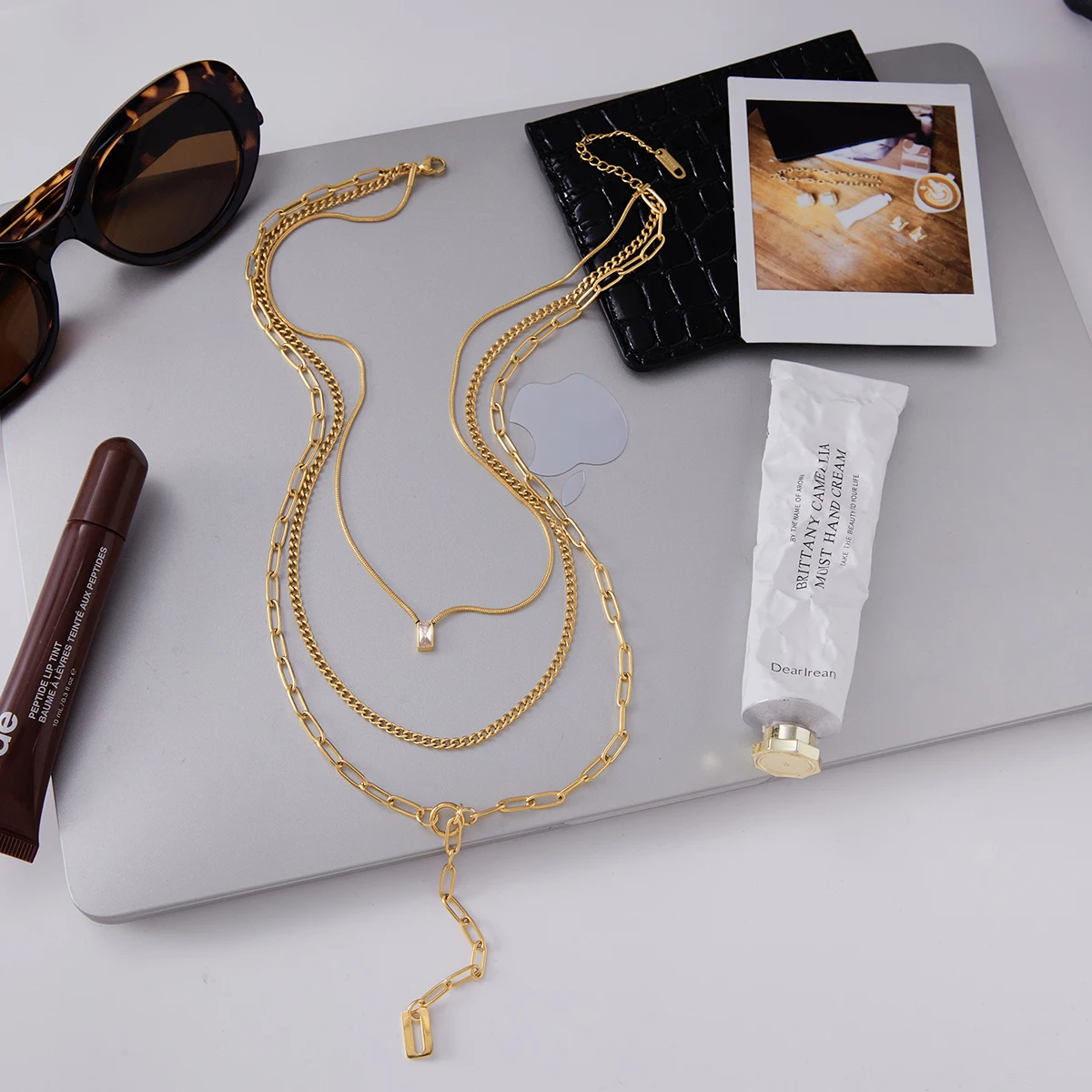 AIKOER Classic Trendy 18K Gold Color Plated Inlay Square Zircon Pendant Three Layer Y-Shape Necklace Stainless Steel Girl Jewelr