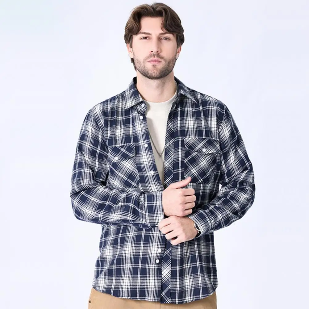 Lightweight Men Shirt Stylish Men's Plaid Flannel Shirt for Spring Autumn Loose Fit Casual Top with Lapel Pocket High for Men