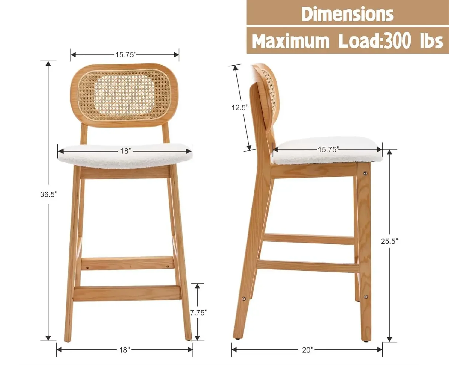 Rattan Counter Height Bar Stools Set of 4 Wood Farmhouse Barstools with Cane Back Boho Sherpa Kitchen Island Chairs, Customized