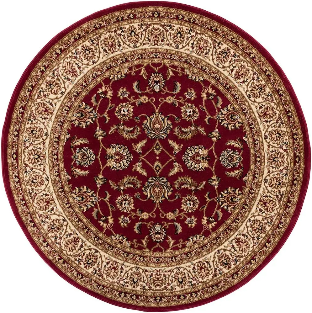 

Red 5 ft Round Rug - Soft Thick Pile for Living Room, Bedroom, Dining Room, Traditional Oriental Design