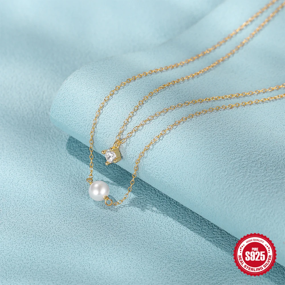 

Корейское двухслойное ожерелье, стерлинговое серебро S925, простые жемчужные бусины, модная цепочка на ключицу для любителей уличного стиля