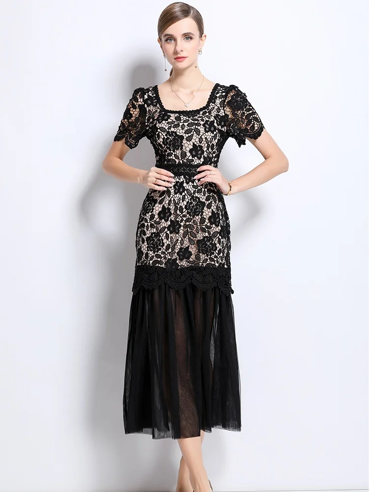 New French Elegant Socialite Style Square Neck Short Sleeve Summer Dress  High-End Mesh Splicing Lace Hollow Out Long Dresses - AliExpress 200000345