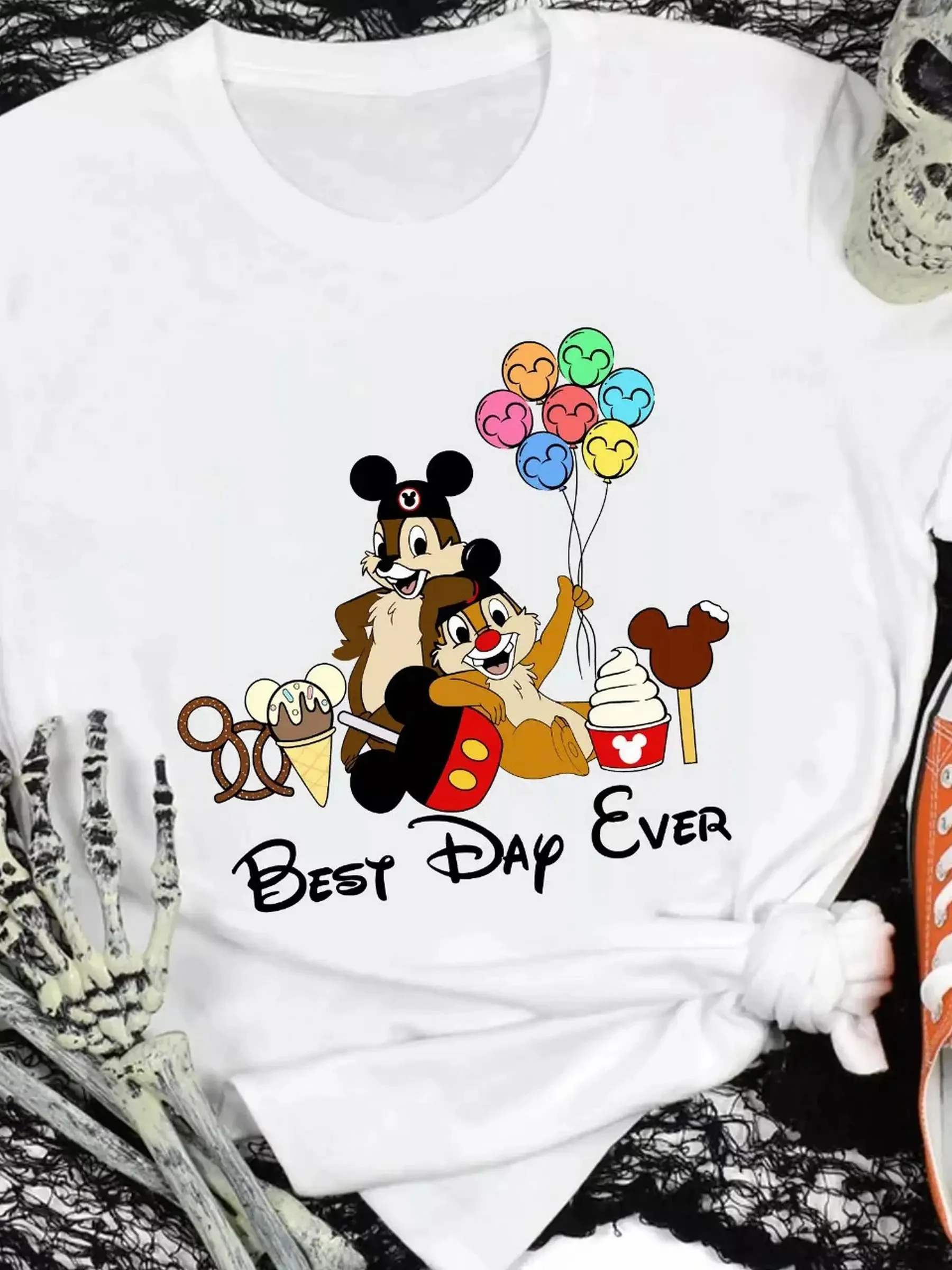 

Disney Chip&Dale Tropical Printed T-shirt - Best Day Ever Cake Theme, Balloon Pattern, Casual Short Sleeve
