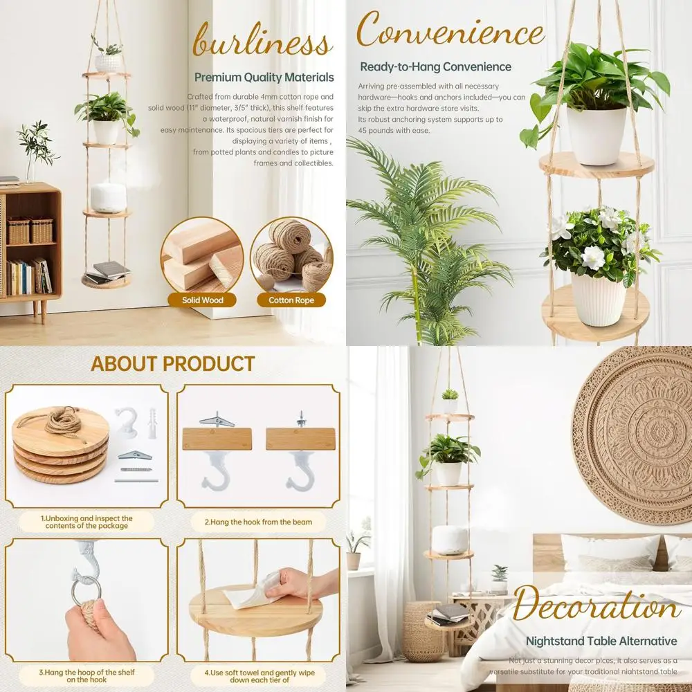 

Подвесная полка для растений из конопляной веревки, для потолка или узких пространств, в стиле бохо, натуральная деревянная подставка для растений из сосны, для демонстрации