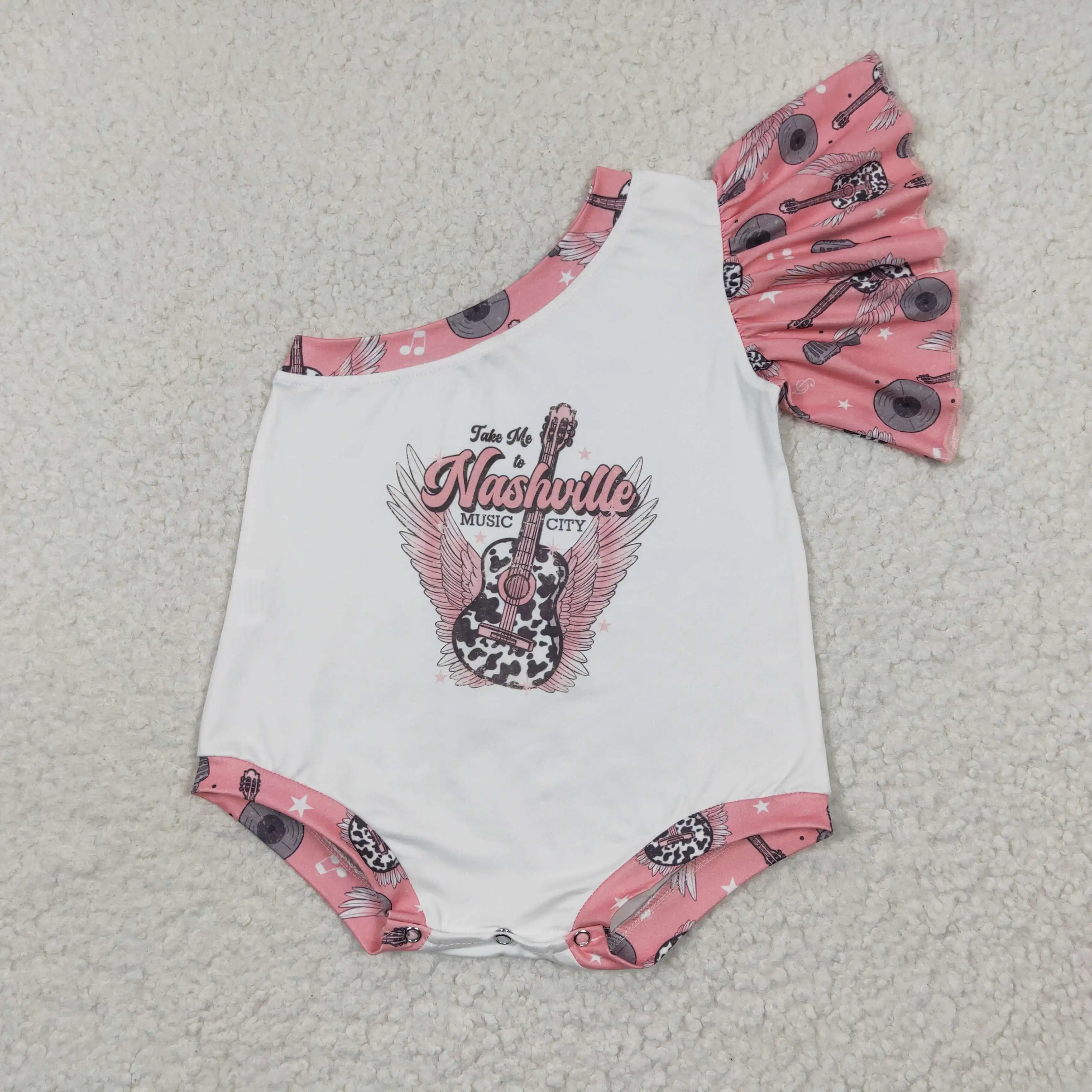 

New Design 2023 RTS Guitar Pattern Kids Girls Flare Bodysuits Newborn One Shoulder Toddler Boutique Baby Onesie Rompers