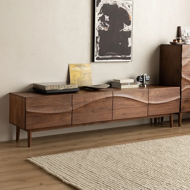 Black walnut solid wood TV cabinet, Nordic modern simple bedroom floor-to-ceiling TV cabinet combination