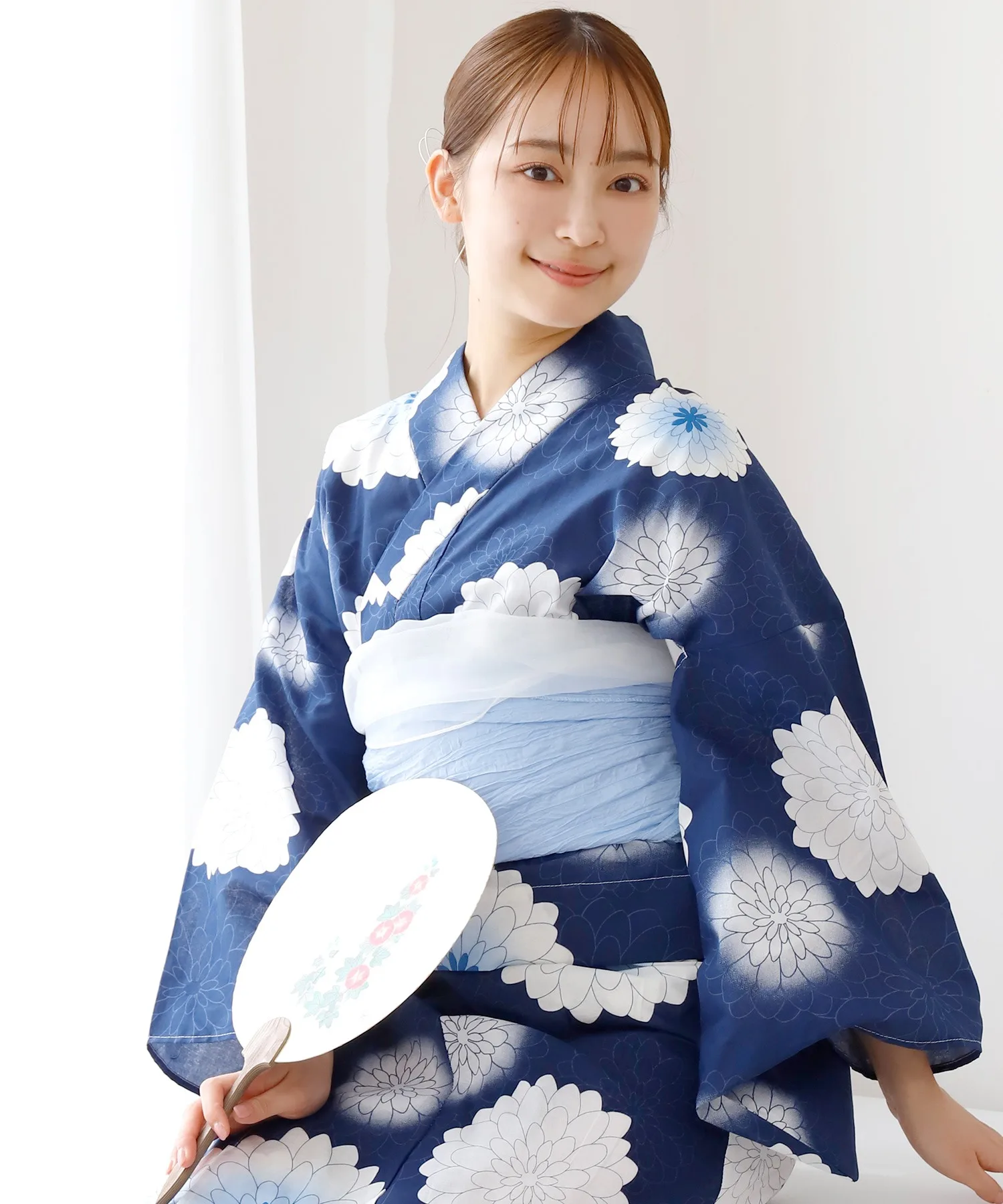 Traditional Yukata Kimono Cotton Linen Material Blue Bottom Flower Pattern Girls Dress Bathrobe Chinese Style Women's Clothing