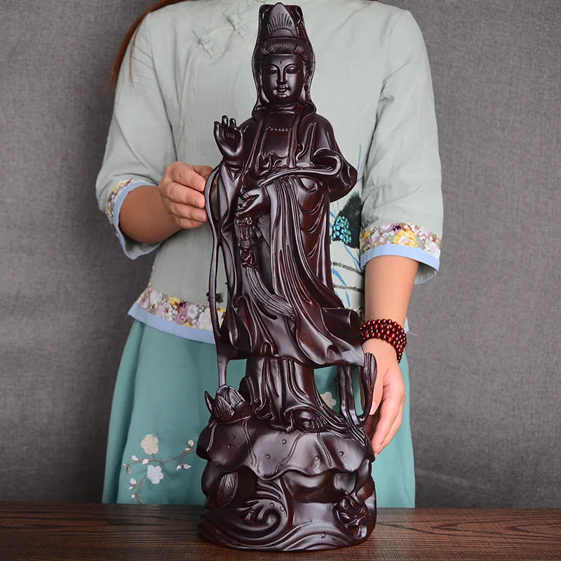 Black Ebony Wood Sculpted Guanyin Buddha Image Solid Wood Ruyi Guanyin With Lotus For Buddhist Offering Home Feng Shui Art
