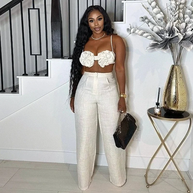 Sexy Vacation Summer Outfits Women Two Piece Set Birthday Club Night Party Flower Bra Top+Wide Leg Pants Suits Conjunto Elegante
