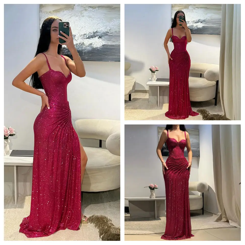 

Customized Sweetheart Sexy long Evening Dresses spaghetti strap Straight Pleat Side Slit Backless Beading Sweep Train Party Gown
