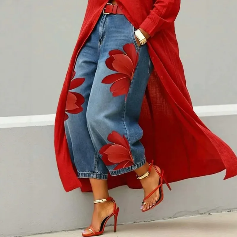 

KEXU Vintage Floral Printed Jeans Women High Waist Loose Wide Leg Pants