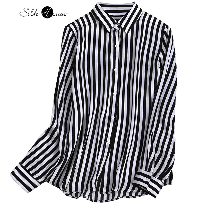 

Spring 2023 New High-end Silk Concealed Placket Simple Black and White Striped Long-sleeved Women's Fashionable Commuter Shirt