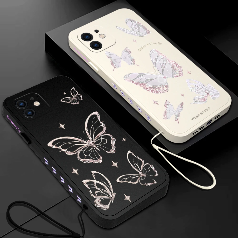 Cute Butterfly Phone Case for Oneplus Nord 3 2 9R 9 8T 8 7 7T Pro 6 5G Liquid Silicone Cover with Hand Strap