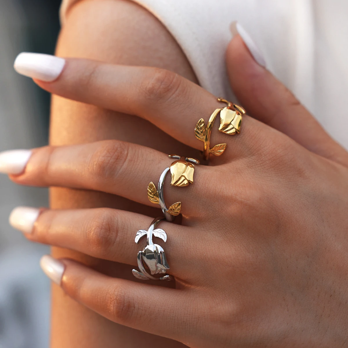 316L الفولاذ المقاوم للصدأ زهرة قابل للتعديل افتتاح خواتم الموضة مقاوم للماء المعادن تشويه مقاومة مجوهرات للنساء بيجو #1