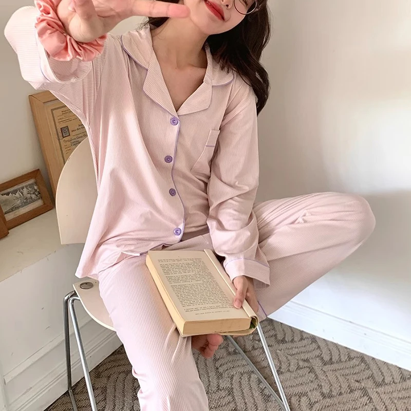 Striped Sleepwear Women Pajama Sets Korean Piiama Pocket Night Wears Autumn Pants Sets 2 Pieces Button Long Sleeve Home Suit New