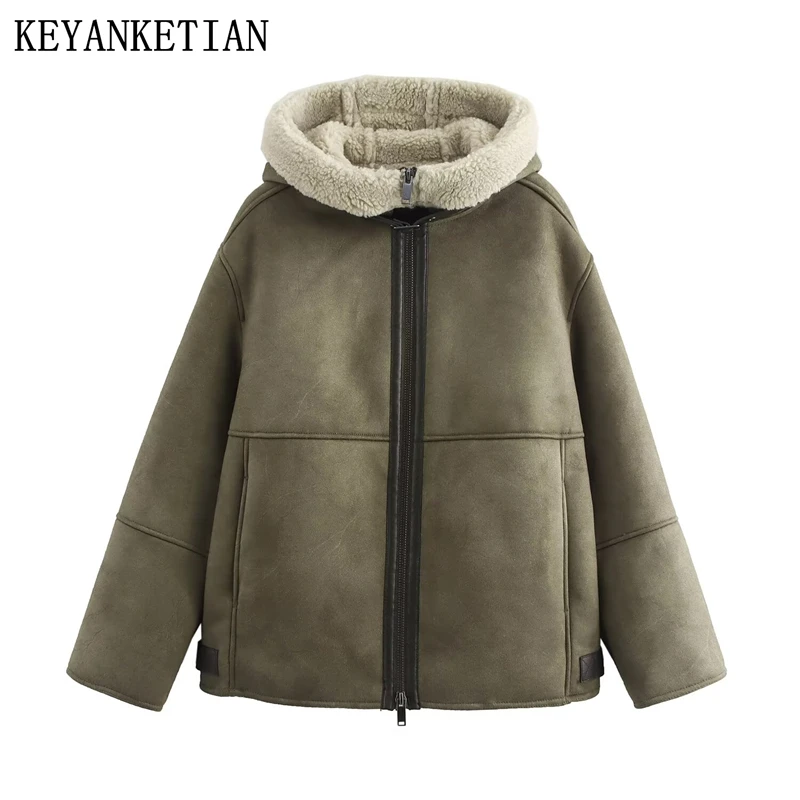 KEYANKETIAN 2024 Winter New Women's Double Faced Fur Hoodie Jacket Unisex style Zipper Loose Thick Warm Greatcoat Suede Blazer