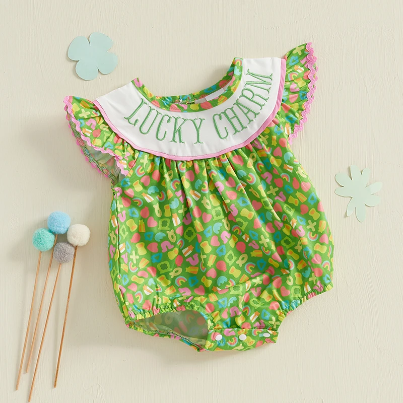 Newborn Infant Baby Girl Bubble Romper Lucky Charm Ruffle Sleeveless Cartoon Smocked Jumpsuit My First St Patricks Day Outfit